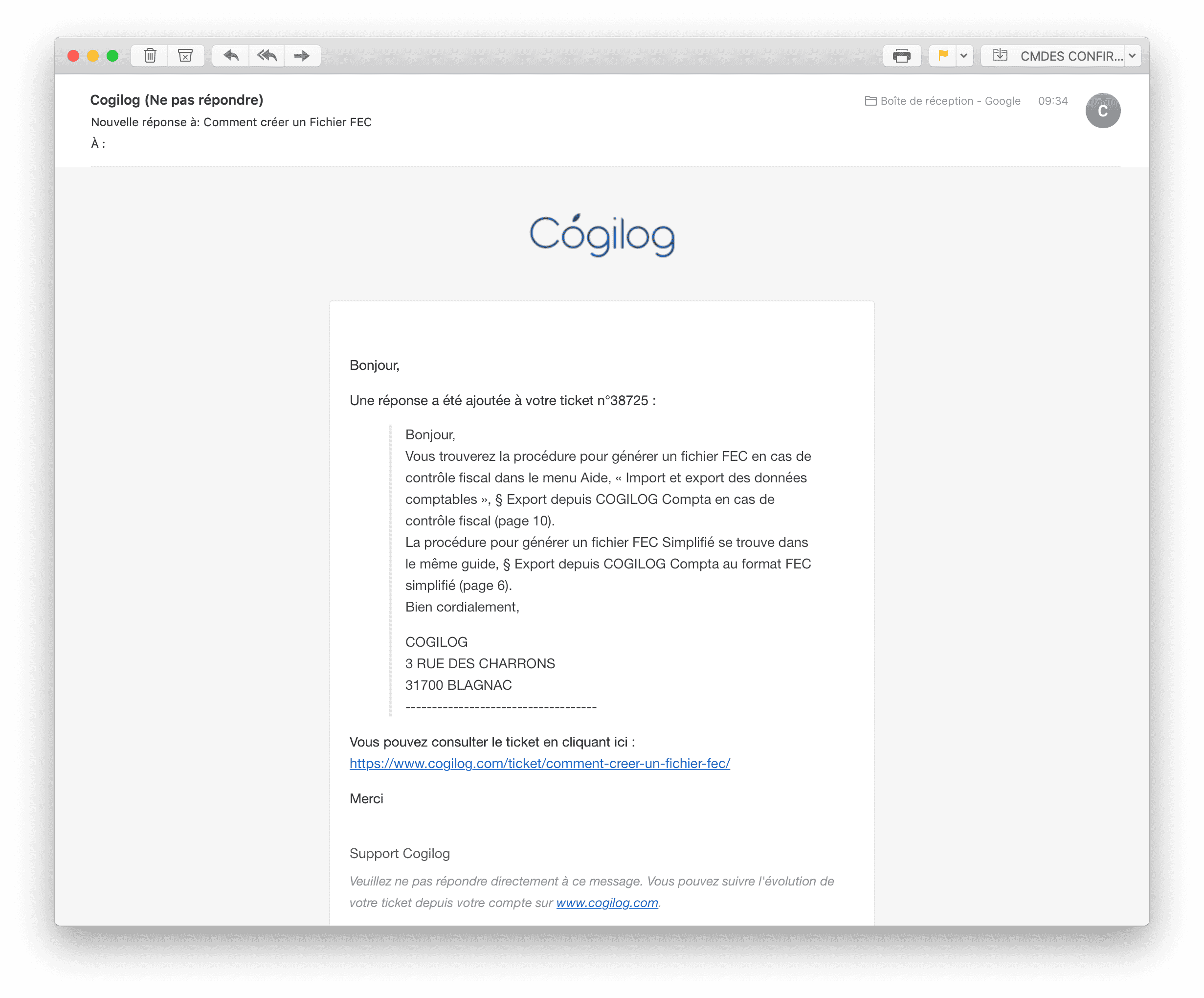 Support Ticket - 5 - Notification par email de réponse du support Cogilog