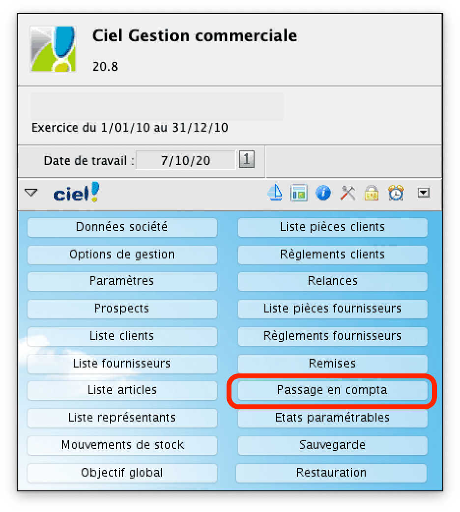 Ciel Gestion - Bouton passage en compta