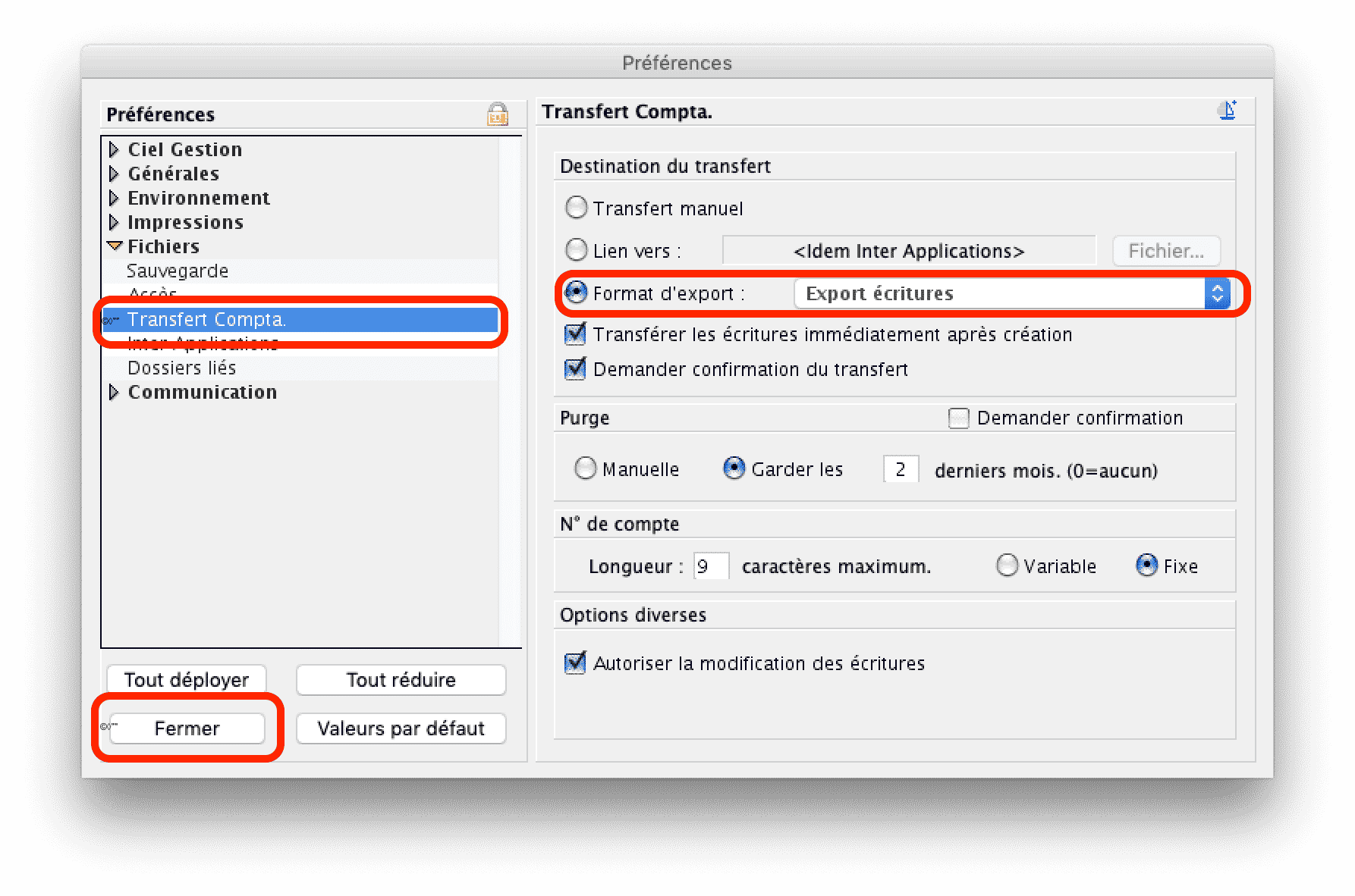 Ciel Gestion - Préférences export compta